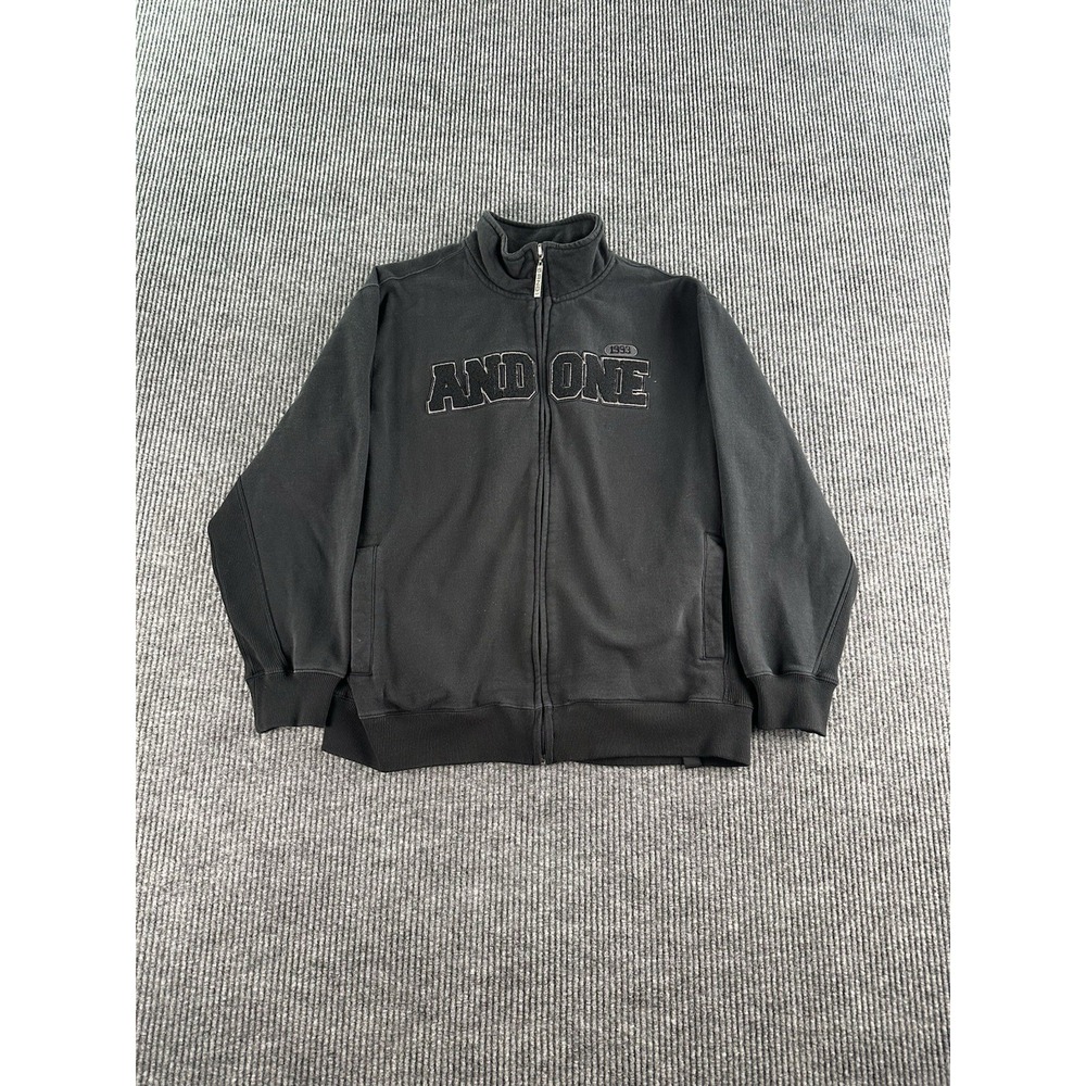 AND1 Fleece Jacket Men's Large Black Full Zip Mock Neck Y2K Spell Out Logo